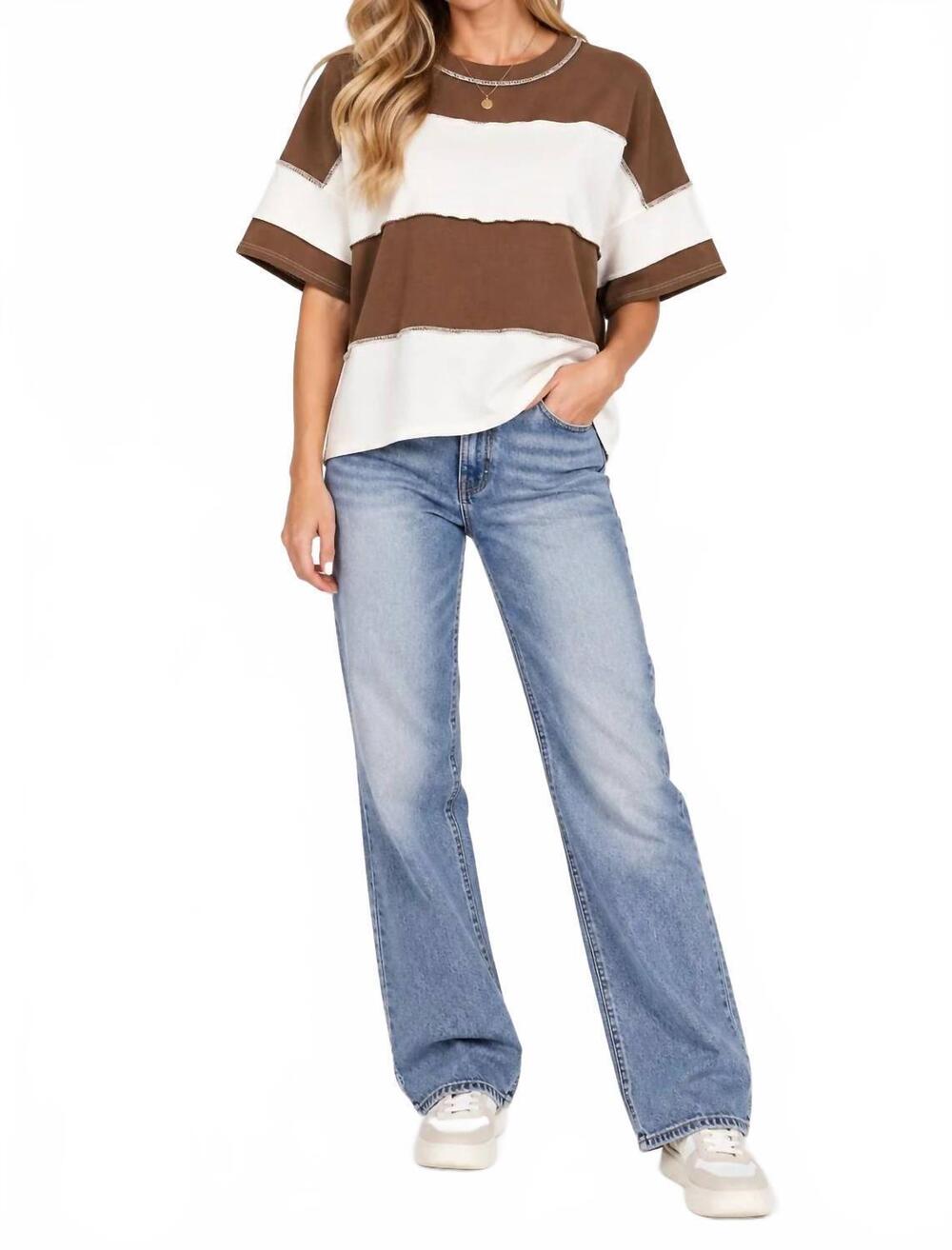 NEW ZENANA french terry color block exposed seam top in brown